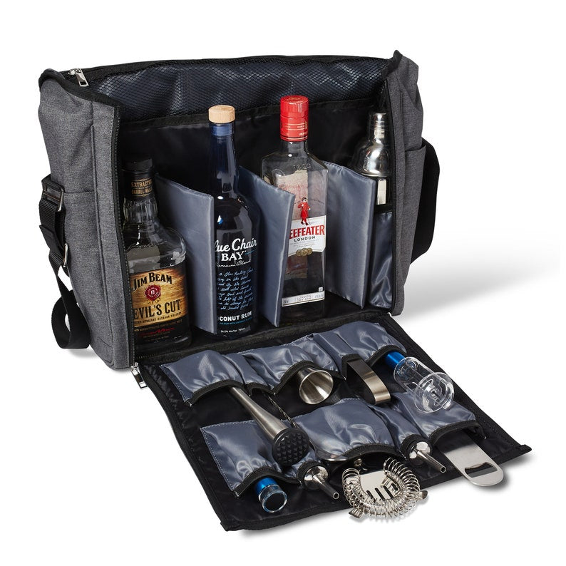 VADCAD Travel Bar Gray & Black, Water Resistant, Bartending Supplies, Pockets for a Cocktail Kit (Bag Only), 16H X 13W X 5D