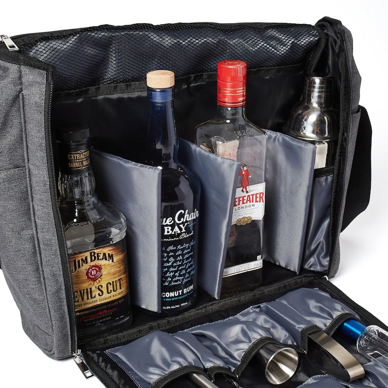 VADCAD Travel Bar Gray & Black, Water Resistant, Bartending Supplies, Pockets for a Cocktail Kit (Bag Only), 16H X 13W X 5D