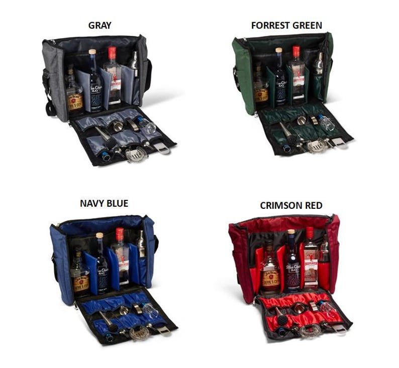 VADCAD Travel Bar Gray & Black, Water Resistant, Bartending Supplies, Pockets for a Cocktail Kit (Bag Only), 16H X 13W X 5D
